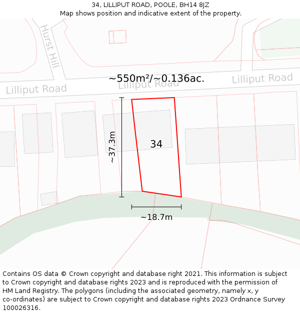 34, LILLIPUT ROAD, POOLE, BH14 8JZ: Plot and title map