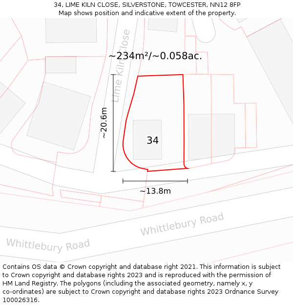 34, LIME KILN CLOSE, SILVERSTONE, TOWCESTER, NN12 8FP: Plot and title map