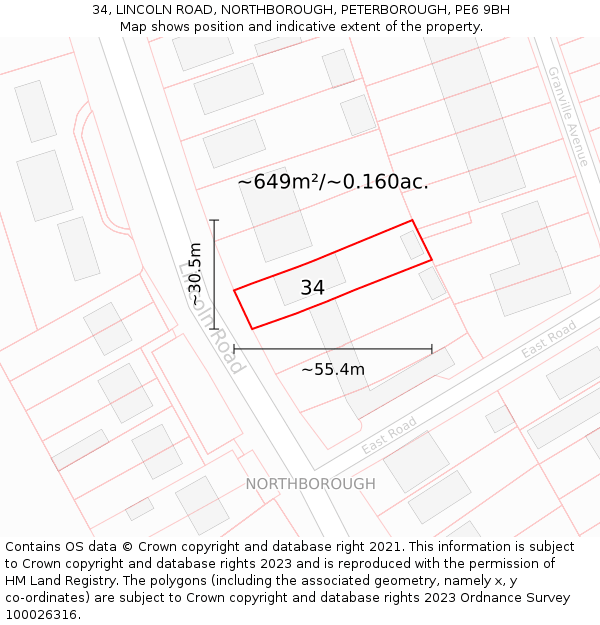 34, LINCOLN ROAD, NORTHBOROUGH, PETERBOROUGH, PE6 9BH: Plot and title map