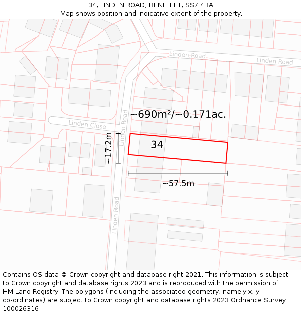 34, LINDEN ROAD, BENFLEET, SS7 4BA: Plot and title map