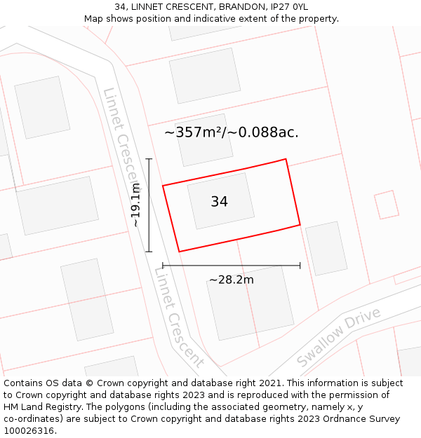 34, LINNET CRESCENT, BRANDON, IP27 0YL: Plot and title map