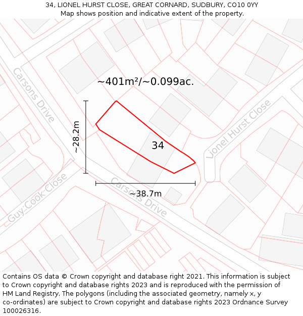 34, LIONEL HURST CLOSE, GREAT CORNARD, SUDBURY, CO10 0YY: Plot and title map