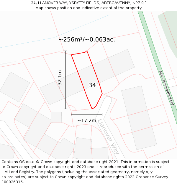 34, LLANOVER WAY, YSBYTTY FIELDS, ABERGAVENNY, NP7 9JF: Plot and title map