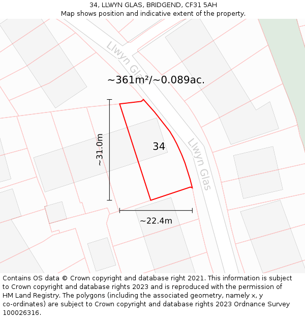 34, LLWYN GLAS, BRIDGEND, CF31 5AH: Plot and title map
