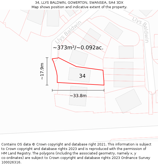 34, LLYS BALDWIN, GOWERTON, SWANSEA, SA4 3DX: Plot and title map