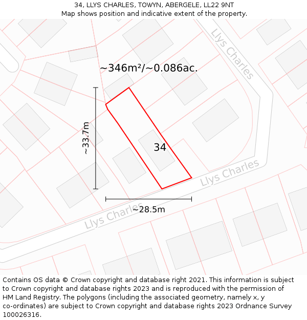34, LLYS CHARLES, TOWYN, ABERGELE, LL22 9NT: Plot and title map