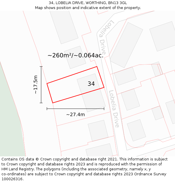 34, LOBELIA DRIVE, WORTHING, BN13 3GL: Plot and title map