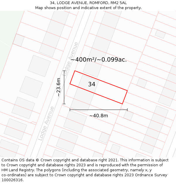34, LODGE AVENUE, ROMFORD, RM2 5AL: Plot and title map