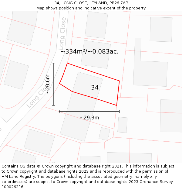 34, LONG CLOSE, LEYLAND, PR26 7AB: Plot and title map