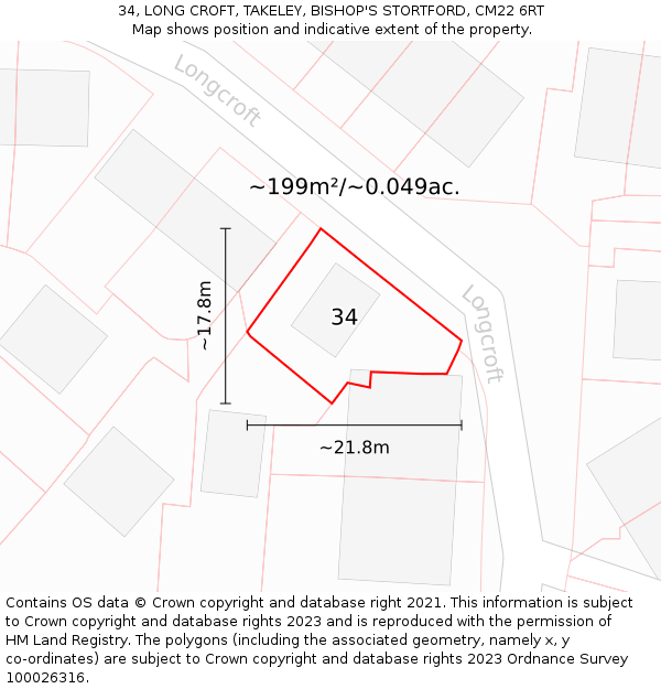 34, LONG CROFT, TAKELEY, BISHOP'S STORTFORD, CM22 6RT: Plot and title map