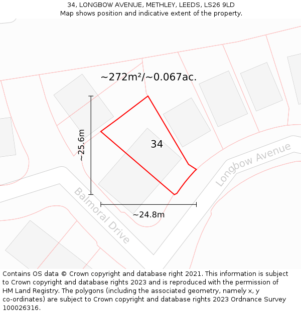 34, LONGBOW AVENUE, METHLEY, LEEDS, LS26 9LD: Plot and title map