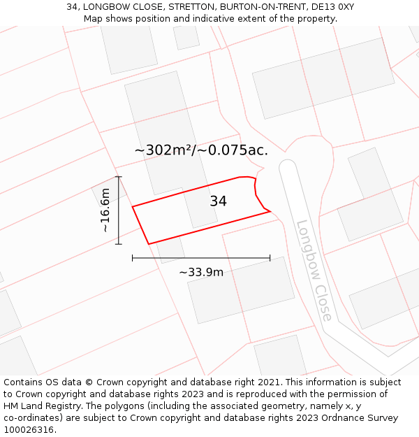 34, LONGBOW CLOSE, STRETTON, BURTON-ON-TRENT, DE13 0XY: Plot and title map