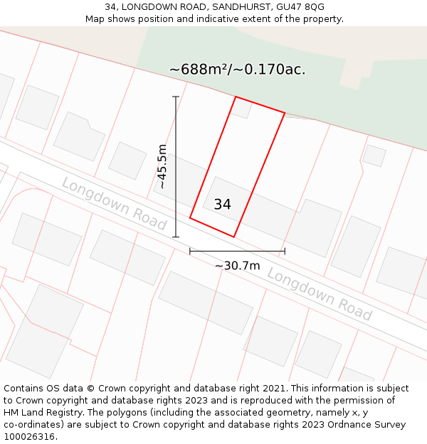 34, LONGDOWN ROAD, SANDHURST, GU47 8QG: Plot and title map