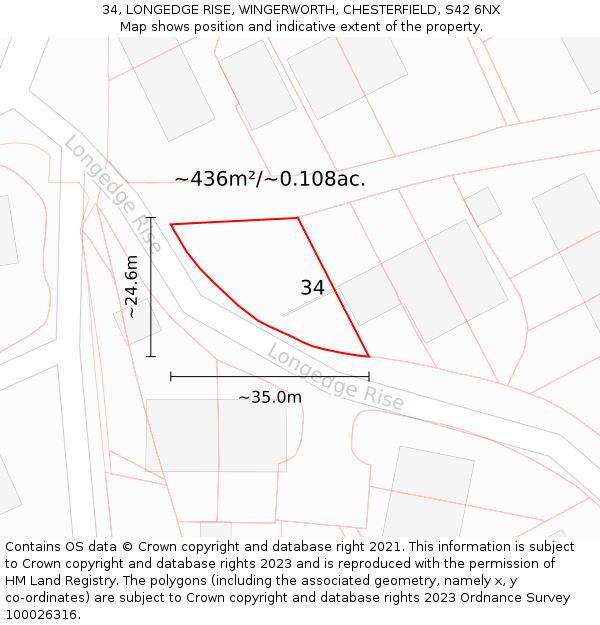 34, LONGEDGE RISE, WINGERWORTH, CHESTERFIELD, S42 6NX: Plot and title map