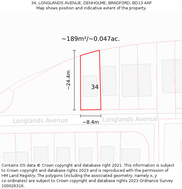 34, LONGLANDS AVENUE, DENHOLME, BRADFORD, BD13 4AP: Plot and title map