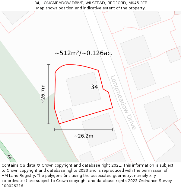 34, LONGMEADOW DRIVE, WILSTEAD, BEDFORD, MK45 3FB: Plot and title map