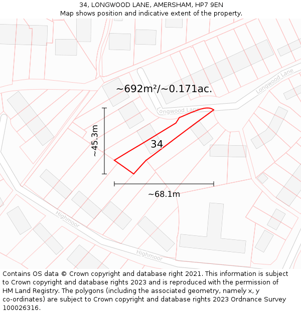 34, LONGWOOD LANE, AMERSHAM, HP7 9EN: Plot and title map