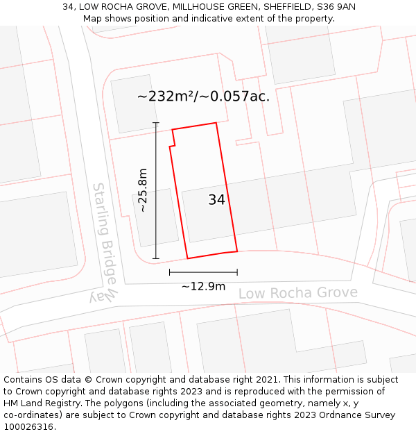 34, LOW ROCHA GROVE, MILLHOUSE GREEN, SHEFFIELD, S36 9AN: Plot and title map