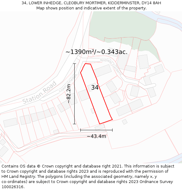 34, LOWER INHEDGE, CLEOBURY MORTIMER, KIDDERMINSTER, DY14 8AH: Plot and title map