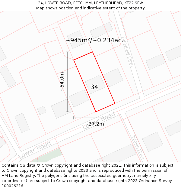 34, LOWER ROAD, FETCHAM, LEATHERHEAD, KT22 9EW: Plot and title map