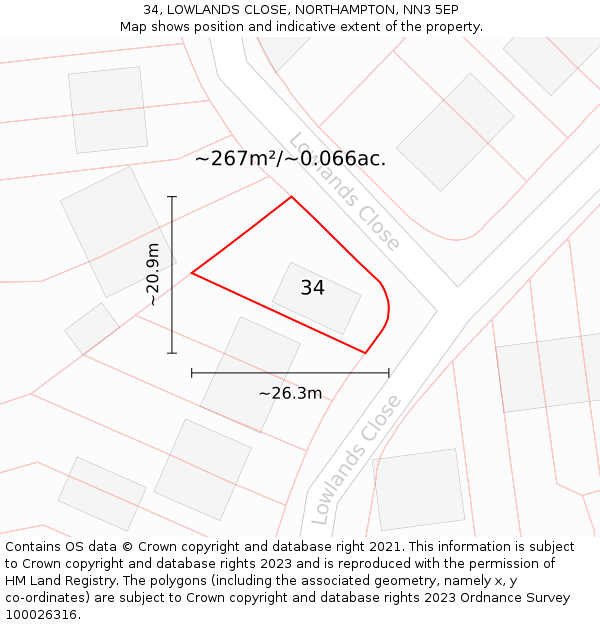 34, LOWLANDS CLOSE, NORTHAMPTON, NN3 5EP: Plot and title map