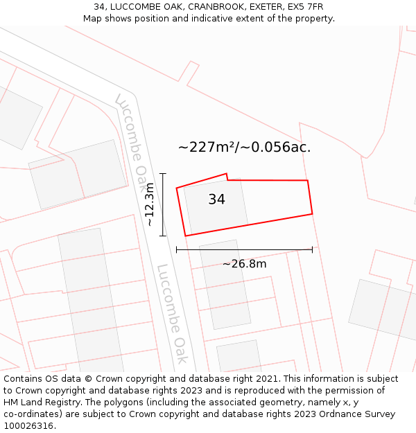 34, LUCCOMBE OAK, CRANBROOK, EXETER, EX5 7FR: Plot and title map