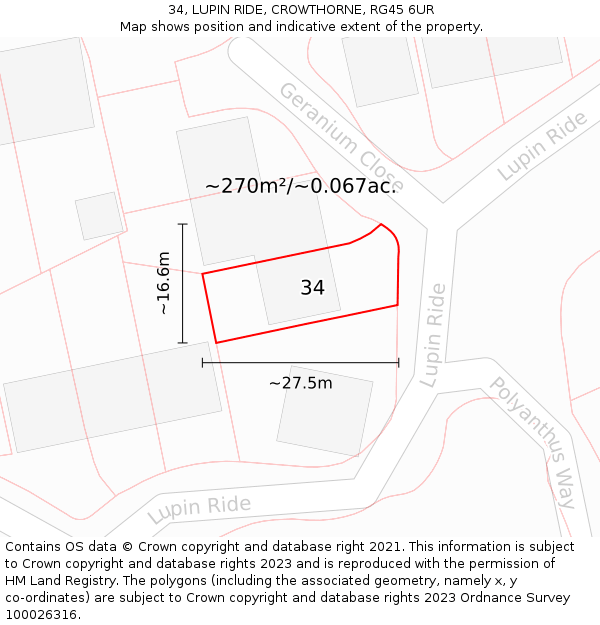 34, LUPIN RIDE, CROWTHORNE, RG45 6UR: Plot and title map