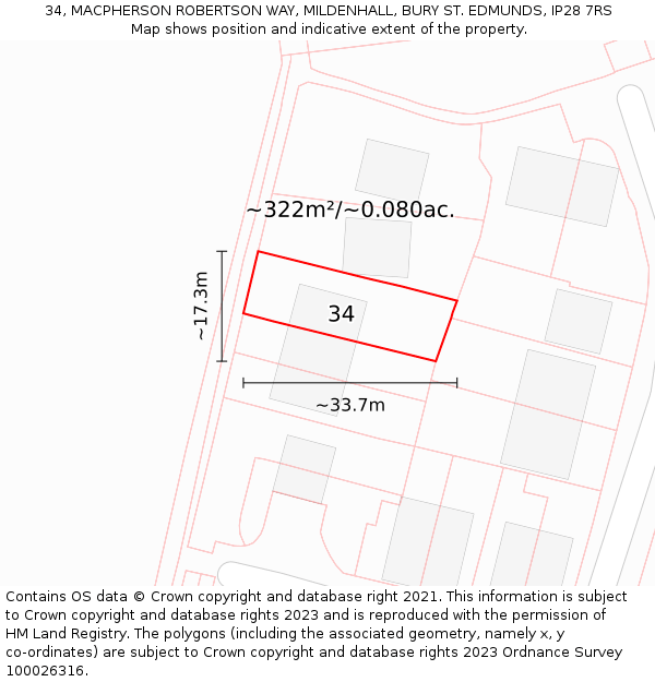 34, MACPHERSON ROBERTSON WAY, MILDENHALL, BURY ST. EDMUNDS, IP28 7RS: Plot and title map