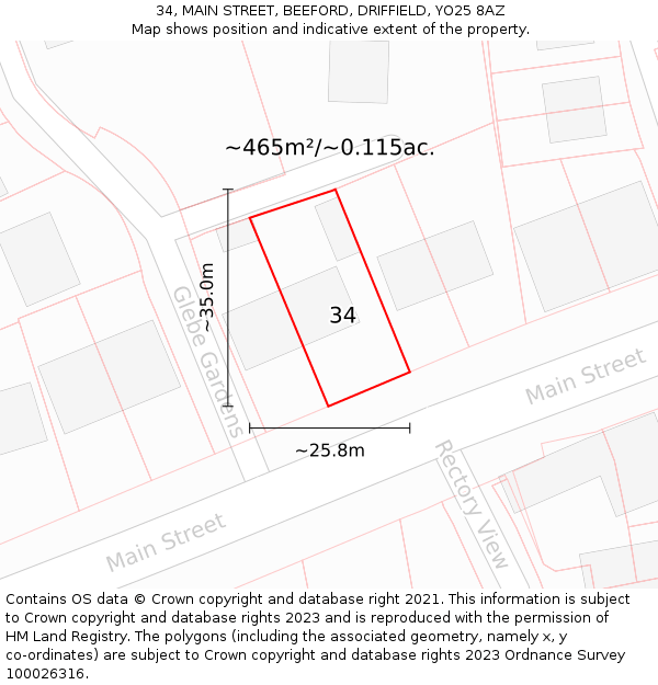 34, MAIN STREET, BEEFORD, DRIFFIELD, YO25 8AZ: Plot and title map