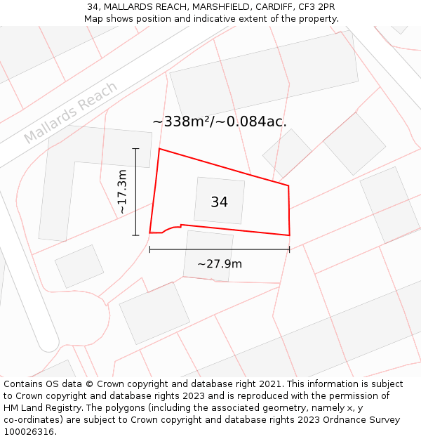 34, MALLARDS REACH, MARSHFIELD, CARDIFF, CF3 2PR: Plot and title map