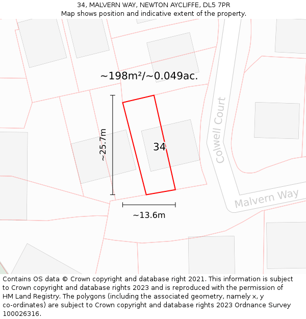 34, MALVERN WAY, NEWTON AYCLIFFE, DL5 7PR: Plot and title map