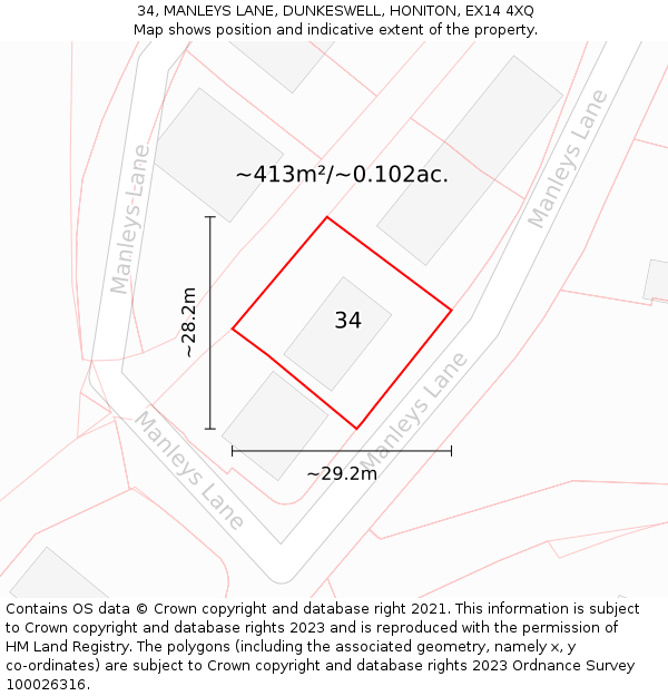 34, MANLEYS LANE, DUNKESWELL, HONITON, EX14 4XQ: Plot and title map