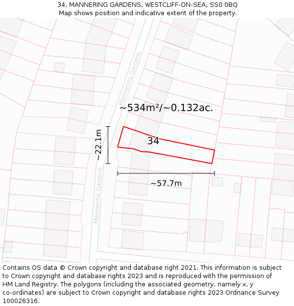 34, MANNERING GARDENS, WESTCLIFF-ON-SEA, SS0 0BQ: Plot and title map