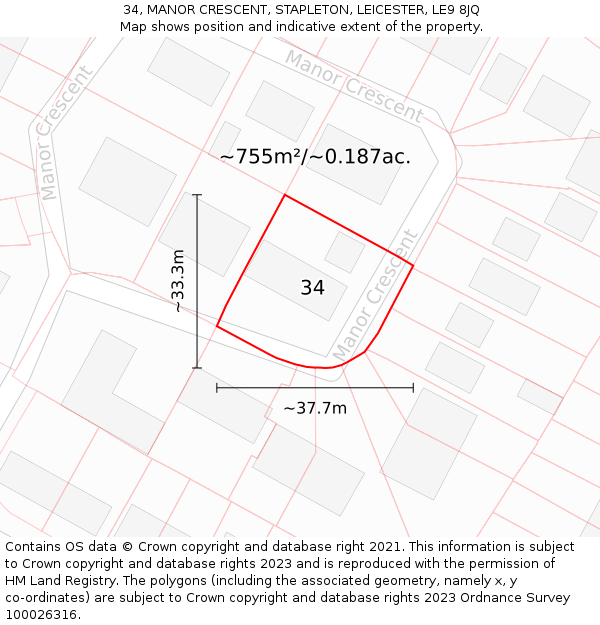 34, MANOR CRESCENT, STAPLETON, LEICESTER, LE9 8JQ: Plot and title map
