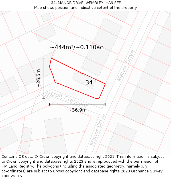 34, MANOR DRIVE, WEMBLEY, HA9 8EF: Plot and title map