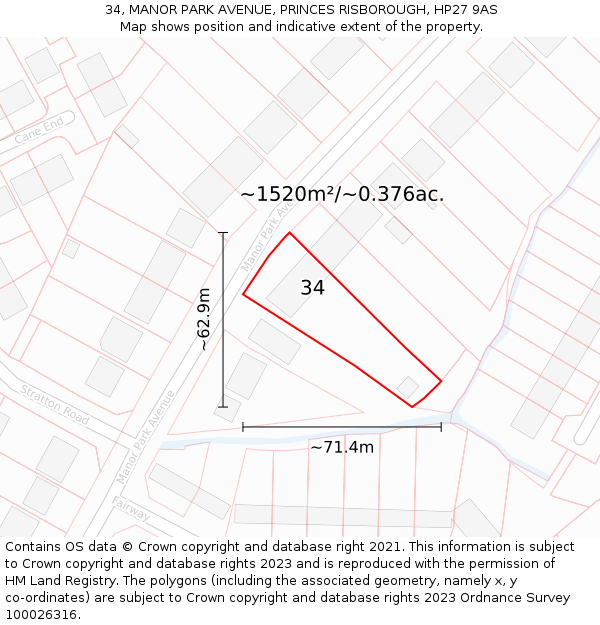 34, MANOR PARK AVENUE, PRINCES RISBOROUGH, HP27 9AS: Plot and title map