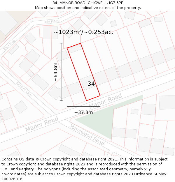 34, MANOR ROAD, CHIGWELL, IG7 5PE: Plot and title map