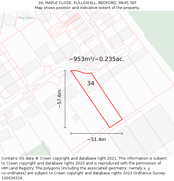 34, MAPLE CLOSE, PULLOXHILL, BEDFORD, MK45 5EF: Plot and title map