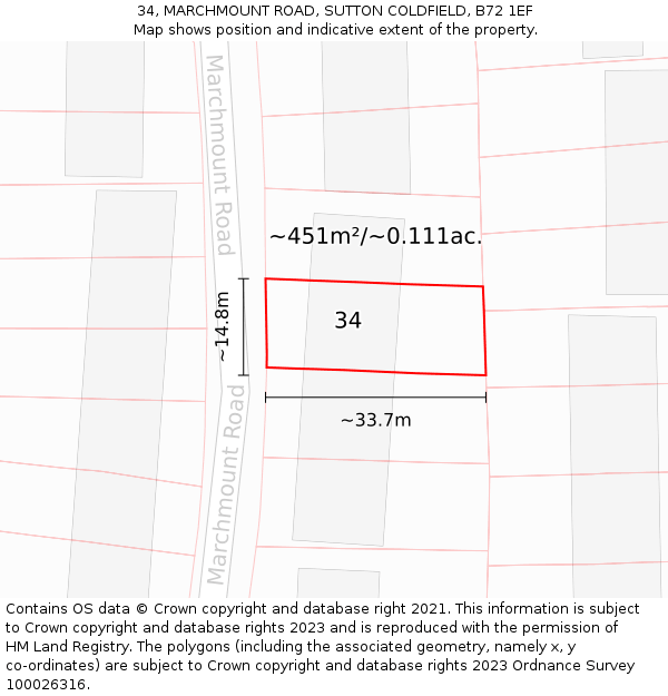 34, MARCHMOUNT ROAD, SUTTON COLDFIELD, B72 1EF: Plot and title map
