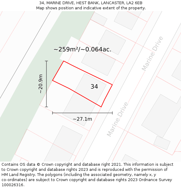 34, MARINE DRIVE, HEST BANK, LANCASTER, LA2 6EB: Plot and title map