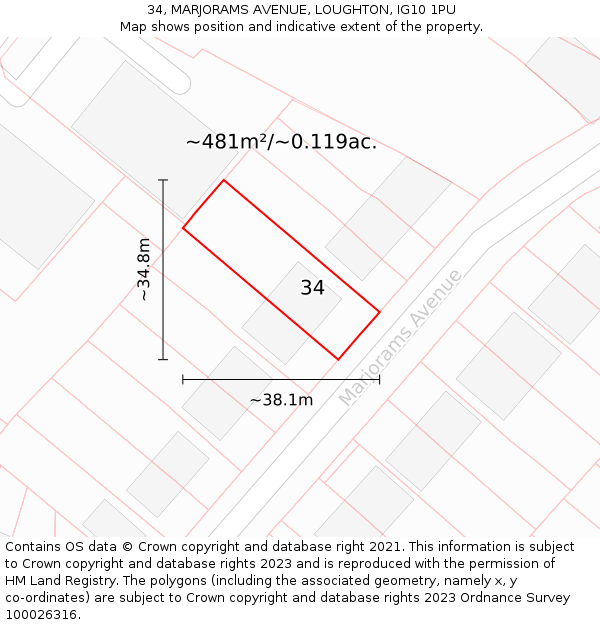 34, MARJORAMS AVENUE, LOUGHTON, IG10 1PU: Plot and title map