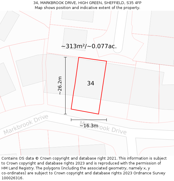 34, MARKBROOK DRIVE, HIGH GREEN, SHEFFIELD, S35 4FP: Plot and title map