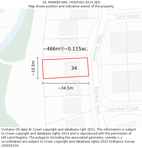34, MARKER WAY, HONITON, EX14 2EN: Plot and title map