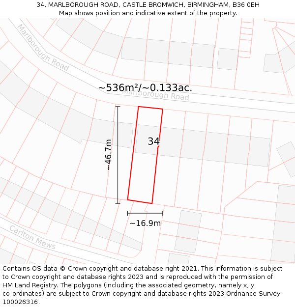 34, MARLBOROUGH ROAD, CASTLE BROMWICH, BIRMINGHAM, B36 0EH: Plot and title map