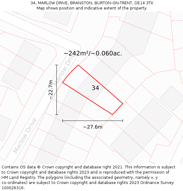34, MARLOW DRIVE, BRANSTON, BURTON-ON-TRENT, DE14 3TX: Plot and title map