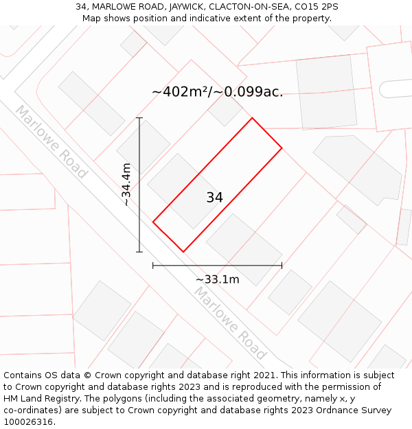 34, MARLOWE ROAD, JAYWICK, CLACTON-ON-SEA, CO15 2PS: Plot and title map