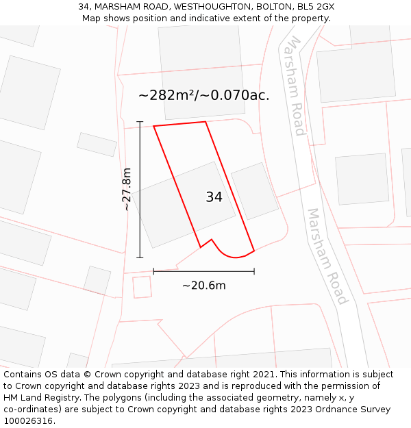 34, MARSHAM ROAD, WESTHOUGHTON, BOLTON, BL5 2GX: Plot and title map