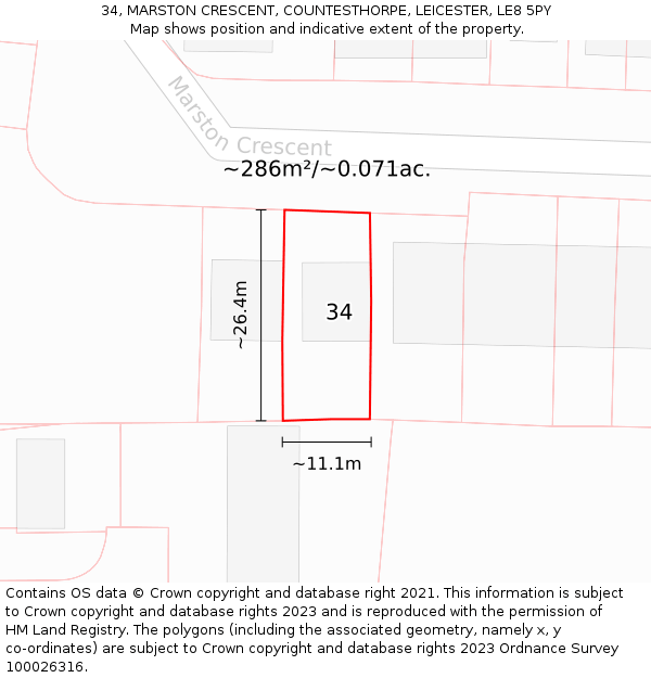 34, MARSTON CRESCENT, COUNTESTHORPE, LEICESTER, LE8 5PY: Plot and title map