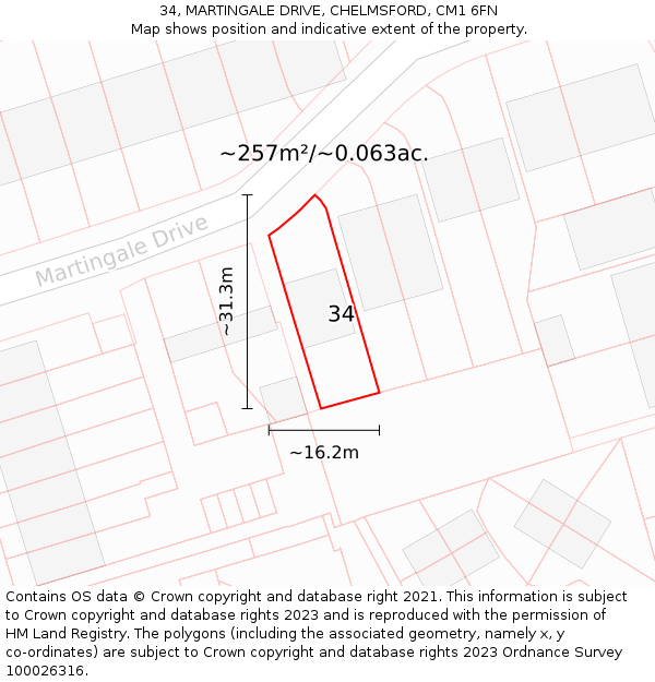34, MARTINGALE DRIVE, CHELMSFORD, CM1 6FN: Plot and title map
