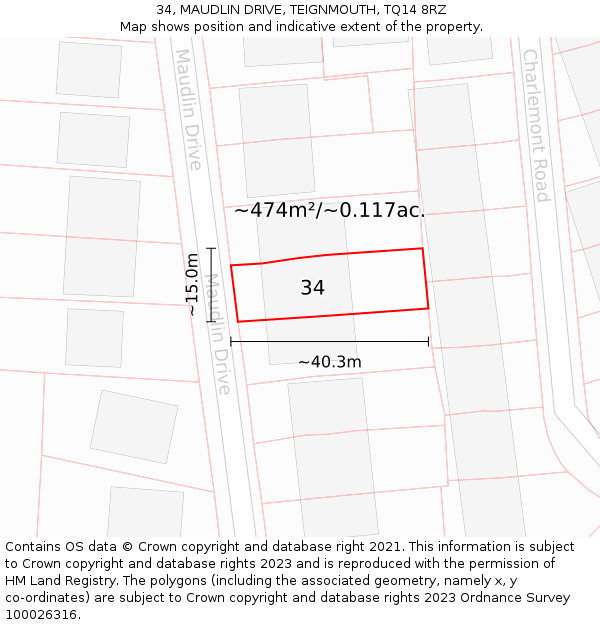 34, MAUDLIN DRIVE, TEIGNMOUTH, TQ14 8RZ: Plot and title map